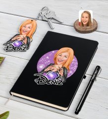 Kişiye Özel Kadın Astrolog Karikatürlü Siyah Defter Kalem Ve Anahtarlık Hediye Seti-1