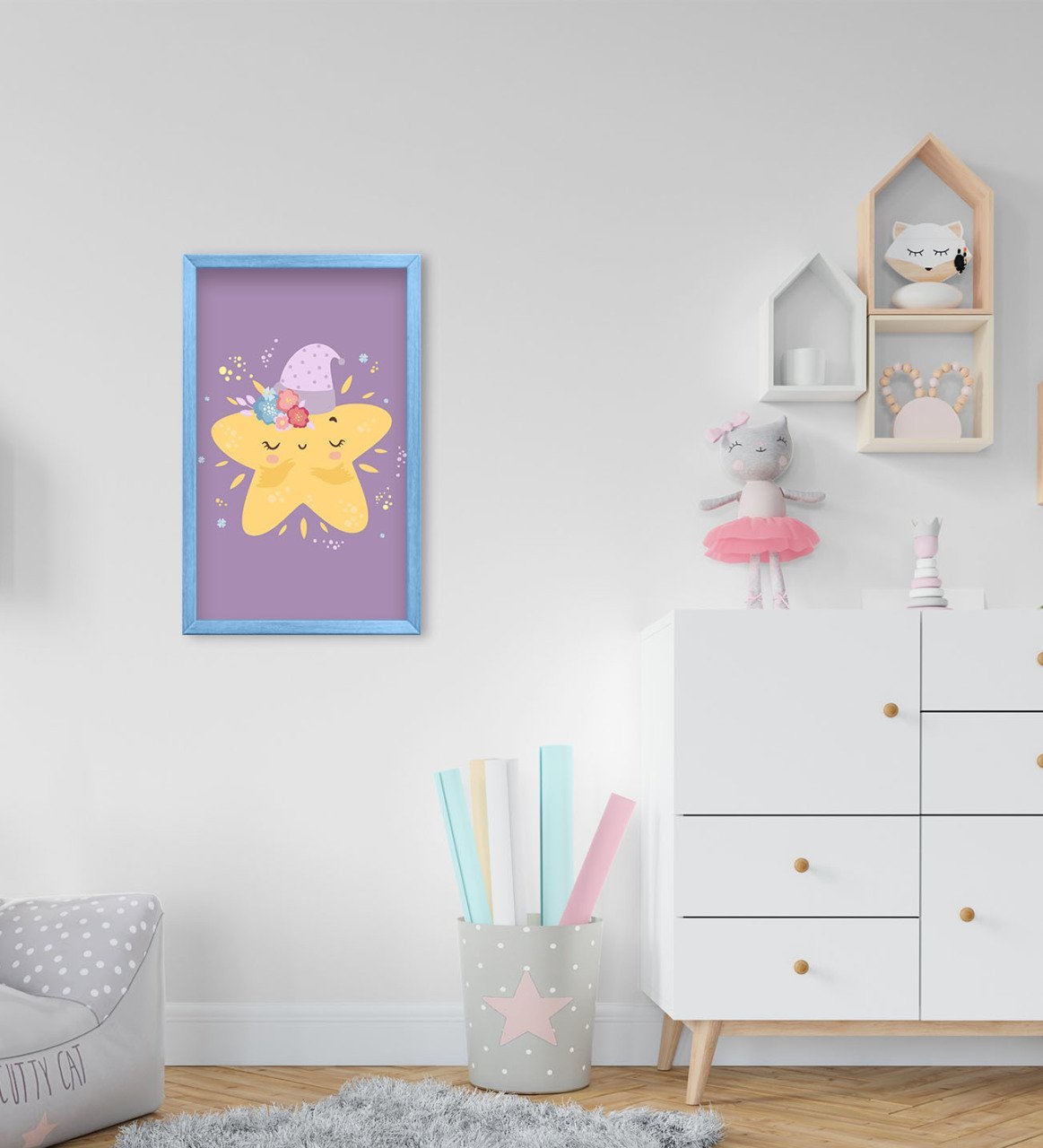BK Home Sevimli Yıldız Tasarımlı Dekoratif Mavi Ahşap Çerçeveli Çocuk Odası Tablo-2