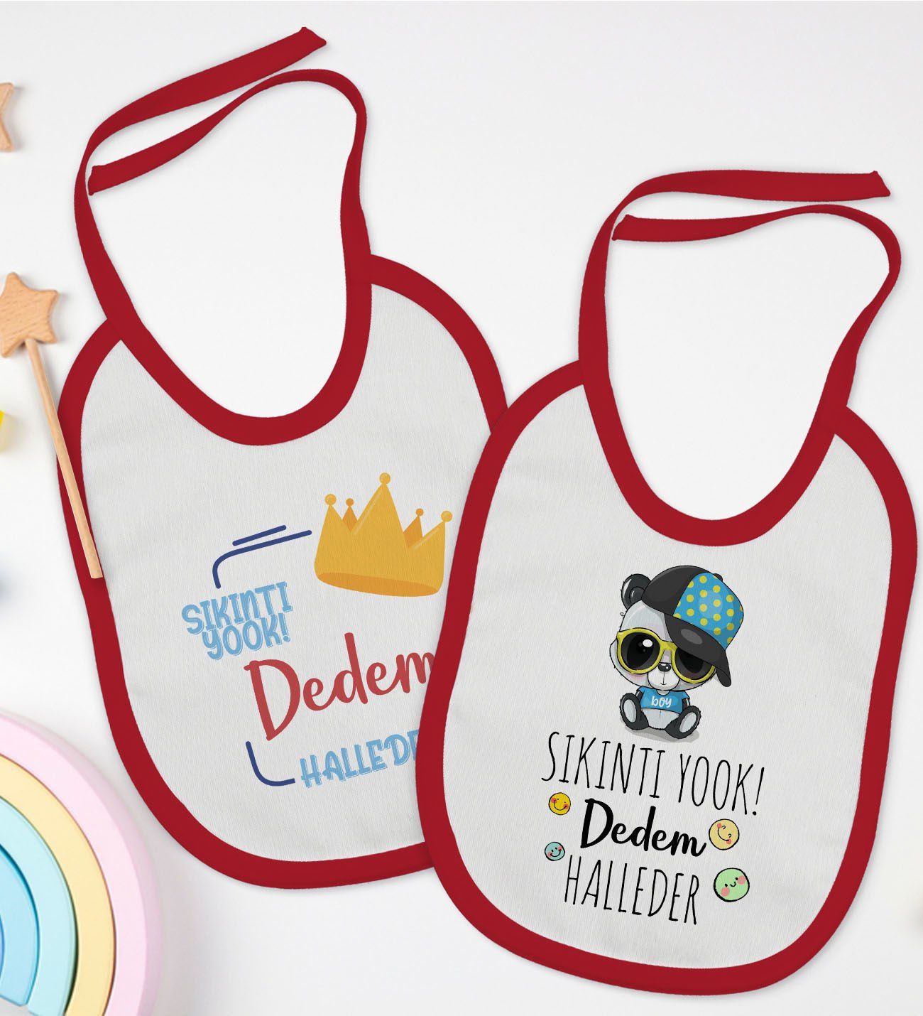 BK Kids Dedem Halleder Tasarımlı 2’li Kırmızı Mama Önlüğü-1
