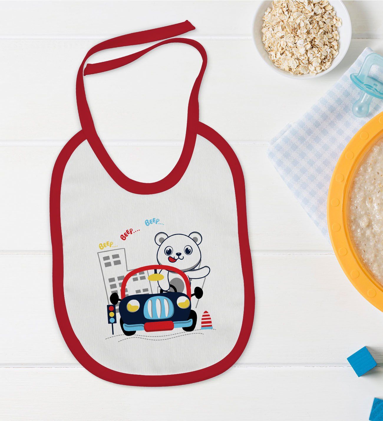 BK Kids Sevimli Sürücü Tasarımlı Kırmızı Bebek Mama Önlüğü-1