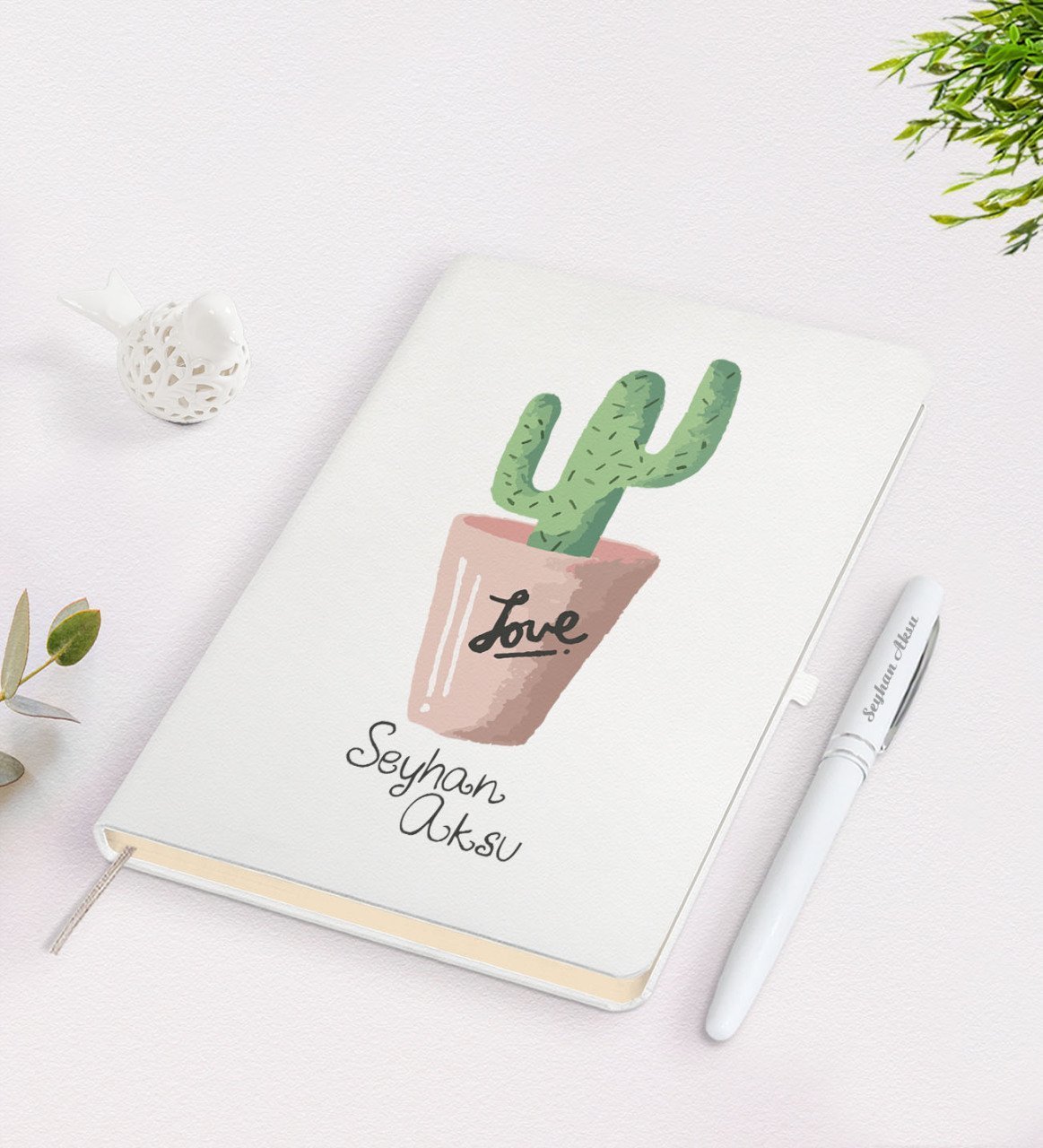 Kişiye Özel İsimli Kaktüs Tasarımlı Beyaz Defter ve Kalem Seti-5