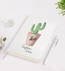 Kişiye Özel İsimli Kaktüs Tasarımlı Beyaz Defter ve Kalem Seti-5