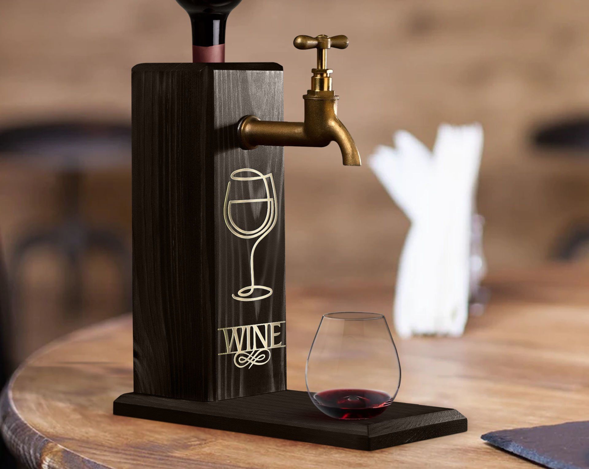 BK Gift Aynalı Altın Kabartma Musluklu Doğal Siyah(Ebony) Ahşap Şarap Standı, Home Bar, İçecek Dispenseri, Ahşap İçecek Çeşmesi-5