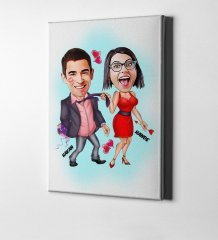 Kişiye Özel Sevgililer Karikatür Kanvas Tablo (50 x 70 cm.) 4
