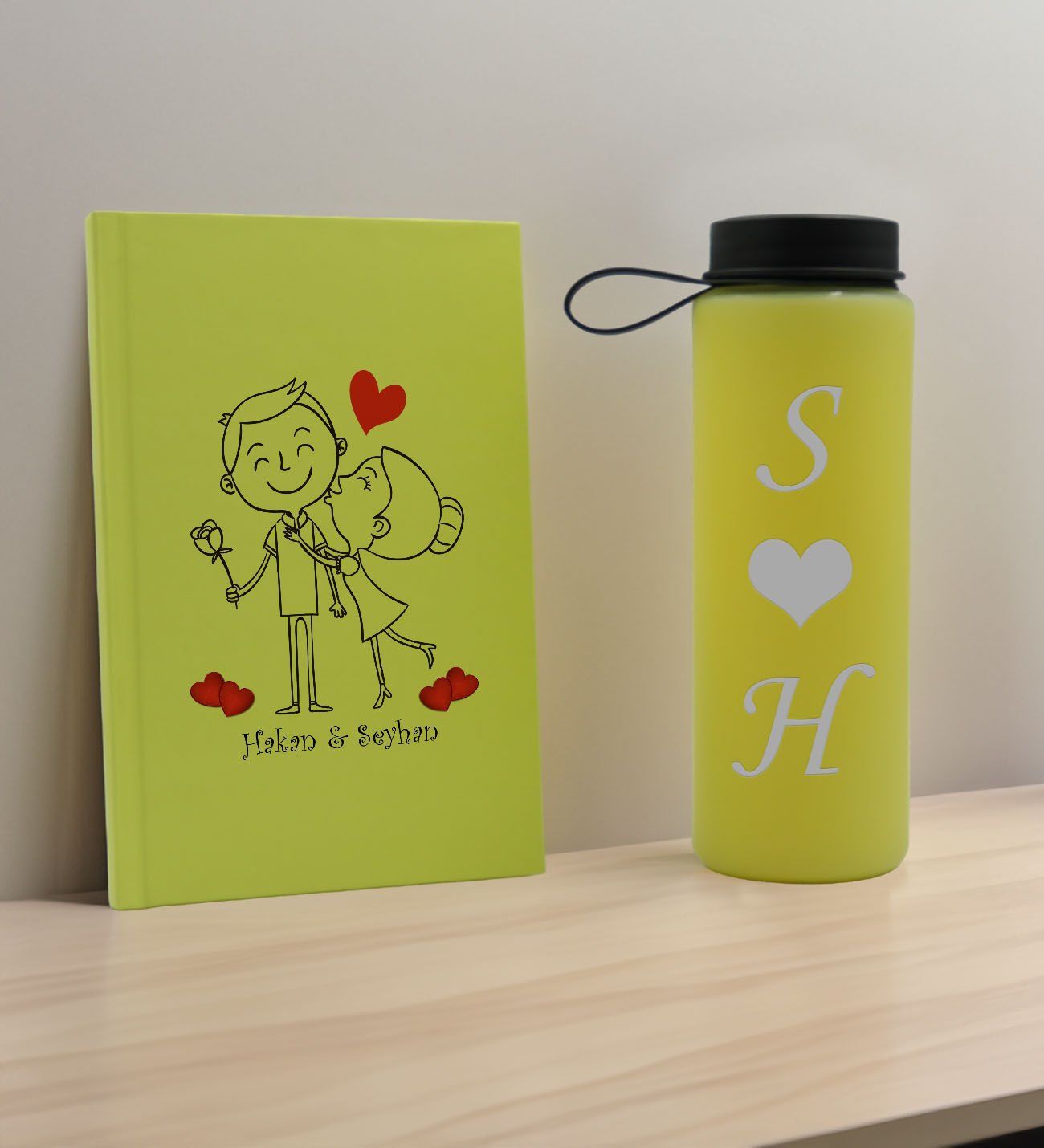 BK Gift Sevgiliye Özel İsimli Sarı Defter ve Cam Matara Hediye Seti-9, Sevgiliye Hediye, Sevgililer Günü, Yeni İş Hediyesi