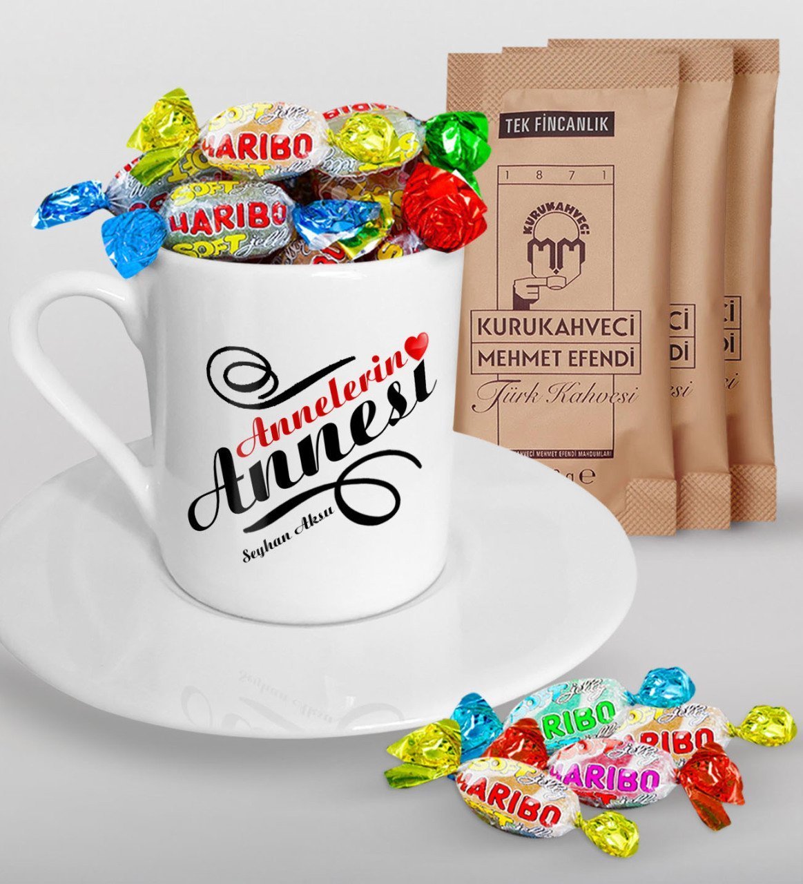 Kişiye Özel Annelerin Annesi Tasarımlı Türk Kahvesi Fincanı Mehmet Efendi Kahve ve Haribo Şeker Hediye Seti-1