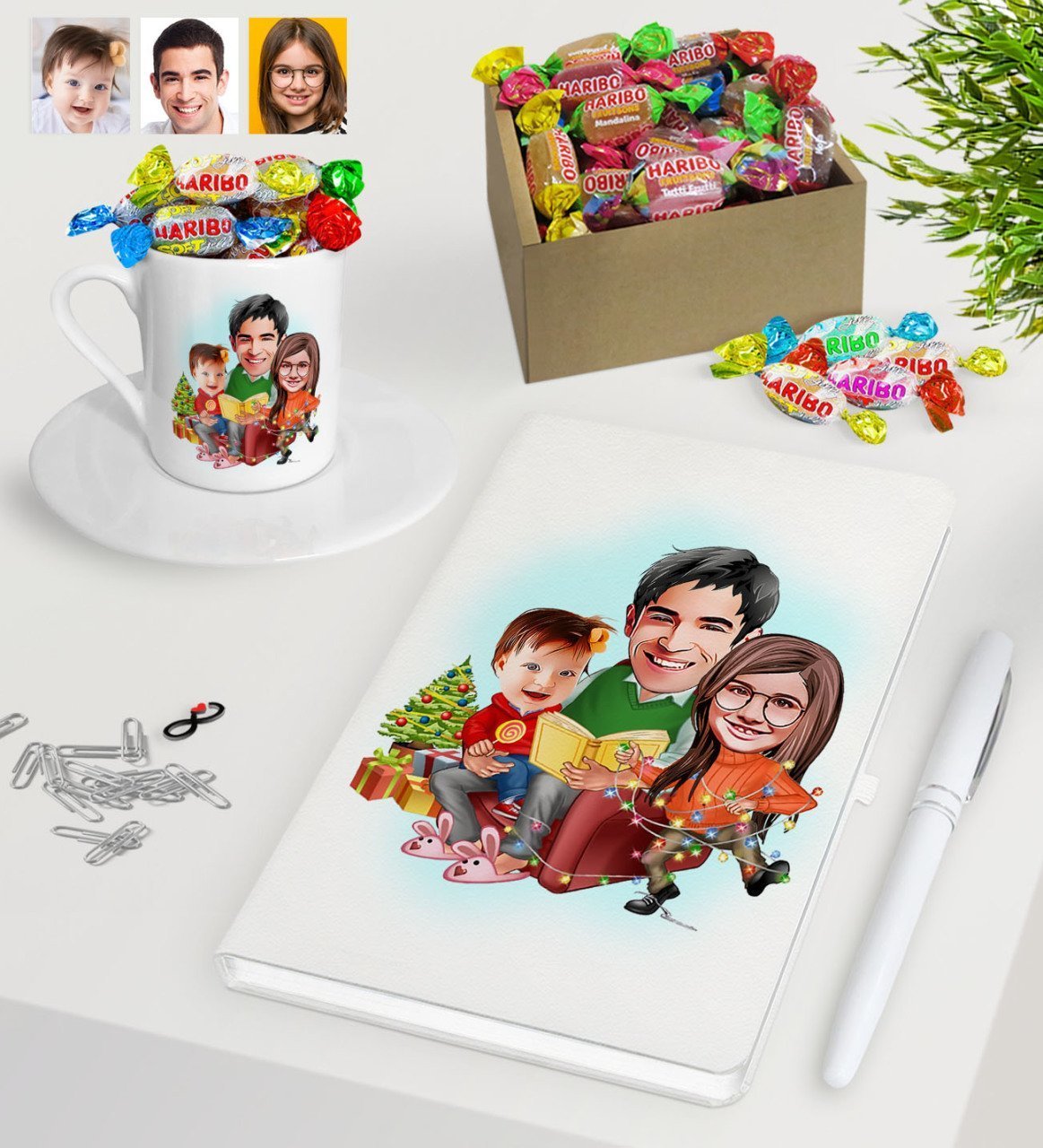Kişiye Özel Yeni Yıl Aile Karikatürlü Beyaz Defter Kalem Türk Kahvesi Fincanı ve Kutulu Haribo Şeker Hediye Seti-2