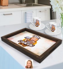 Kişiye Özel Kadın Chef Karikatürlü Doğal Ahşap Tepsi ve 2’li Kahve Fincan Seti-15