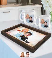 Kişiye Özel Evleniyoruz Karikatürlü Doğal Ahşap Tepsi ve 2’li Kupa Bardak Seti-2