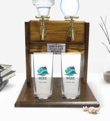 Kişiye Özel Renkli Baskılı Rize Tasarımlı Turistik İkili Rakı Bardağı ve Çift Musluklu Doğal Ahşap Rakı Standı-1