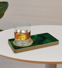 Kişiye Özel Yapraklar Tasarımlı Doğal Ahşap Tabaklı Viski Bardağı Sunum Seti Model 10