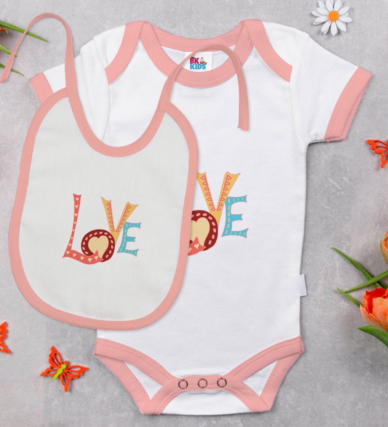 BK Kids Love Tasarımlı Pembe Bebek Body Zıbın ve Mama Önlüğü Hediye Seti-1