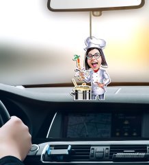Kişiye Özel Bayan Chef Karikatürlü Ahşap Araba Dikiz Ayna Süsü