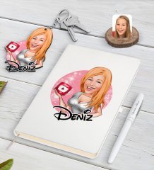 Kişiye Özel Kadın Youtuber Karikatürlü Beyaz Defter Kalem ve Anahtarlık Hediye Seti-2