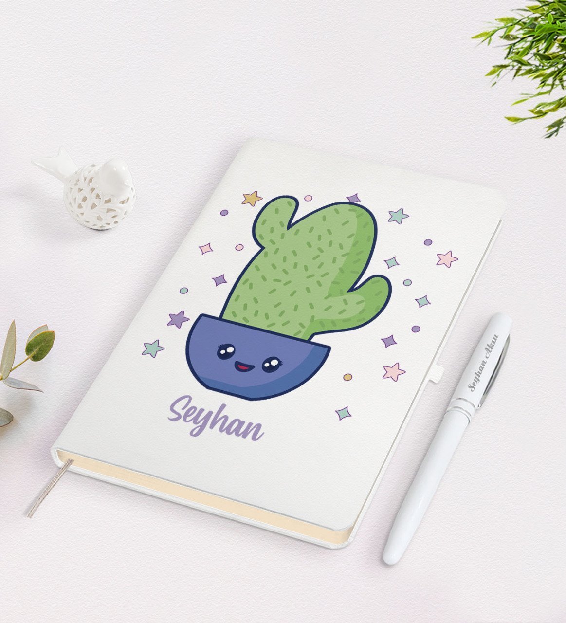 Kişiye Özel İsimli Kaktüs Tasarımlı Beyaz Defter ve Kalem Seti-4