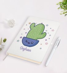 Kişiye Özel İsimli Kaktüs Tasarımlı Beyaz Defter ve Kalem Seti-4
