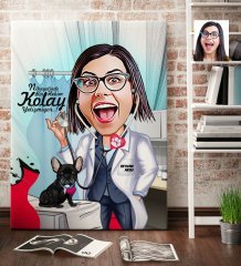 Kişiye Özel Bayan Veteriner Hekim Karikatür Kanvas Tablo (70 x 100 cm.) 1