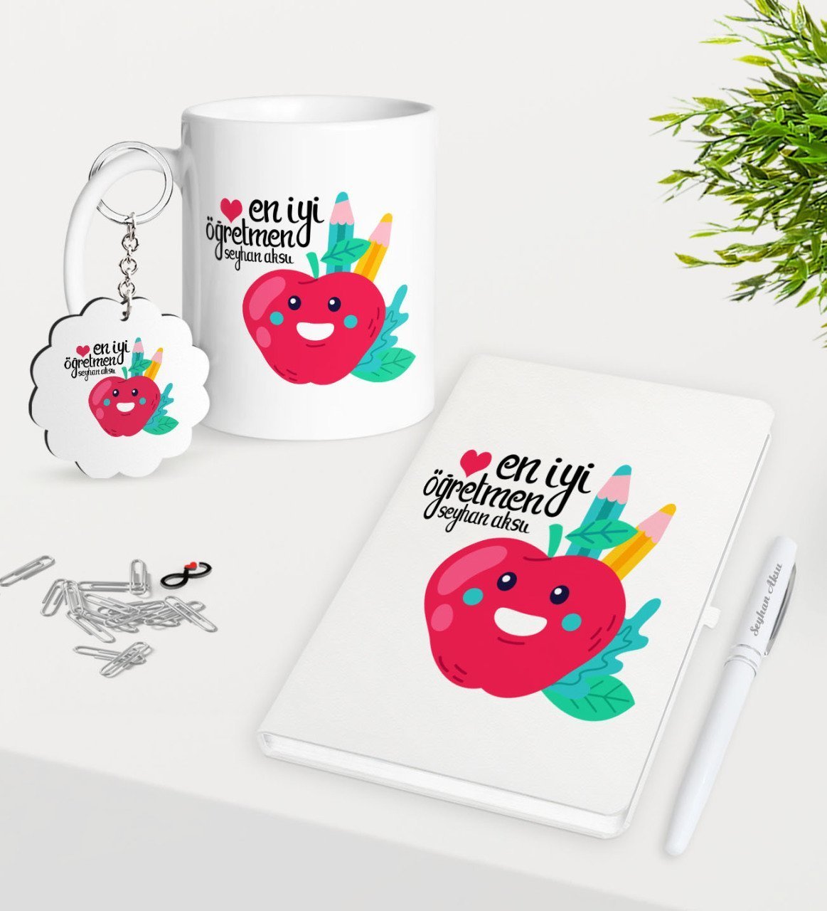 Kişiye Özel En İyi Öğretmen Kupa Anahtarlık Beyaz Defter Kalem Hediye Seti-11