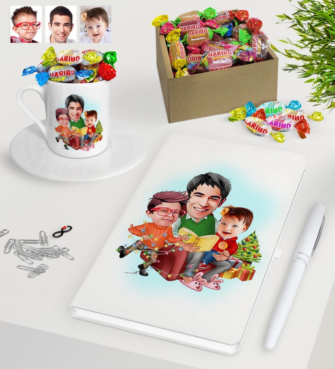 Kişiye Özel Yeni Yıl Aile Karikatürlü Beyaz Defter Kalem Türk Kahvesi Fincanı ve Kutulu Haribo Şeker Hediye Seti-1