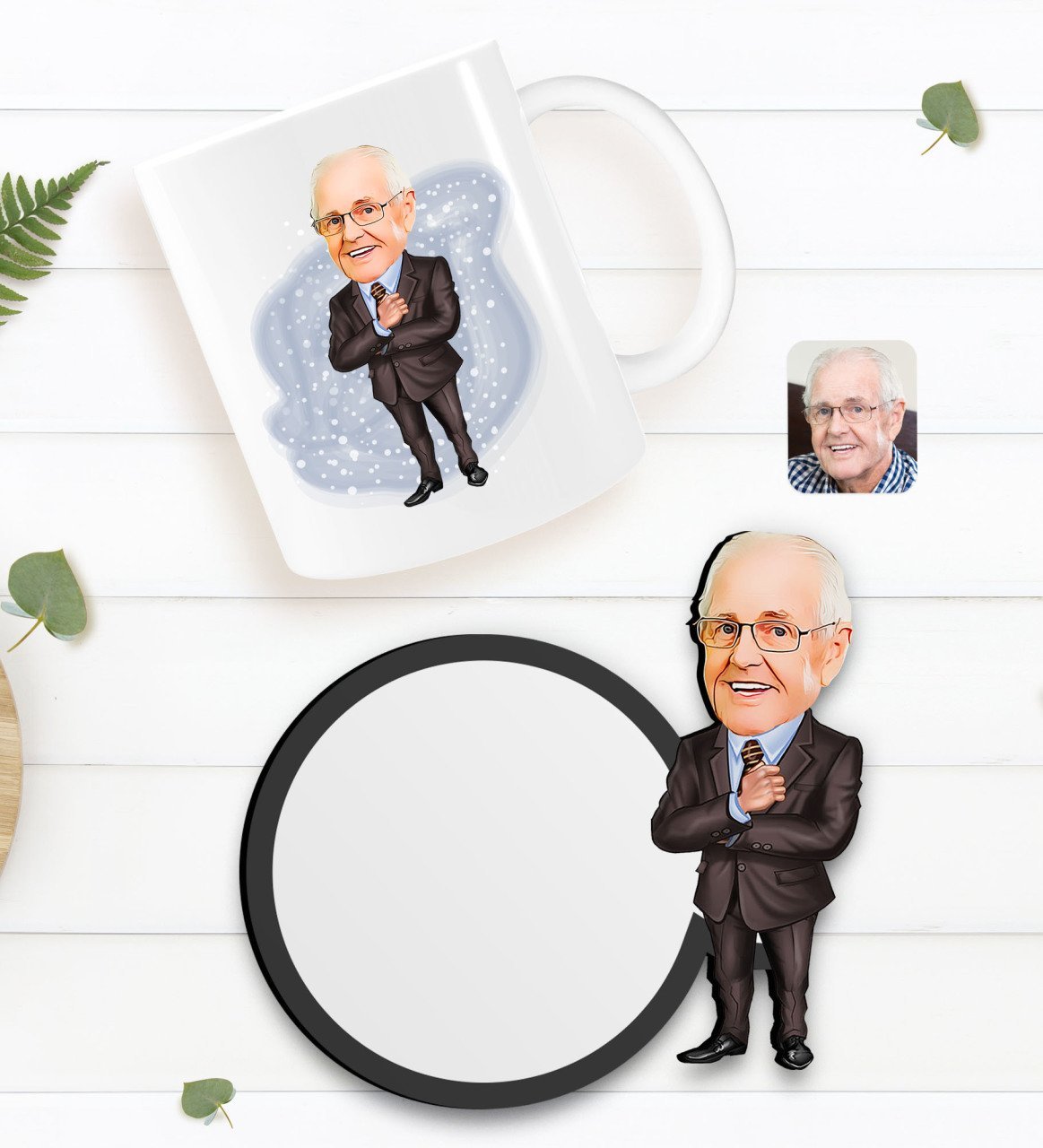 Kişiye Özel Dede Karikatürlü Beyaz Kupa ve Ahşap Bardak Altlığı Hediye Seti-1