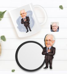 Kişiye Özel Dede Karikatürlü Beyaz Kupa ve Ahşap Bardak Altlığı Hediye Seti-1