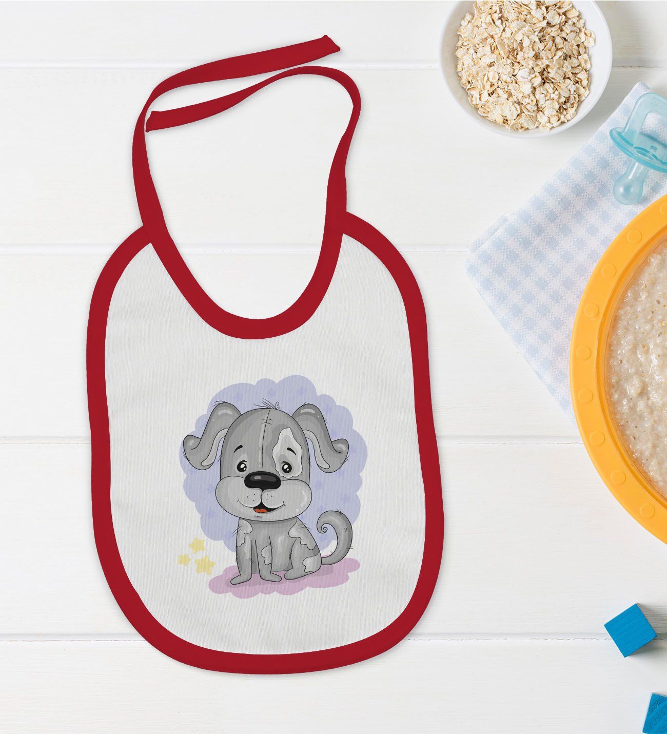 BK Kids Sevimli Köpek Tasarımlı Kırmızı Bebek Mama Önlüğü-1