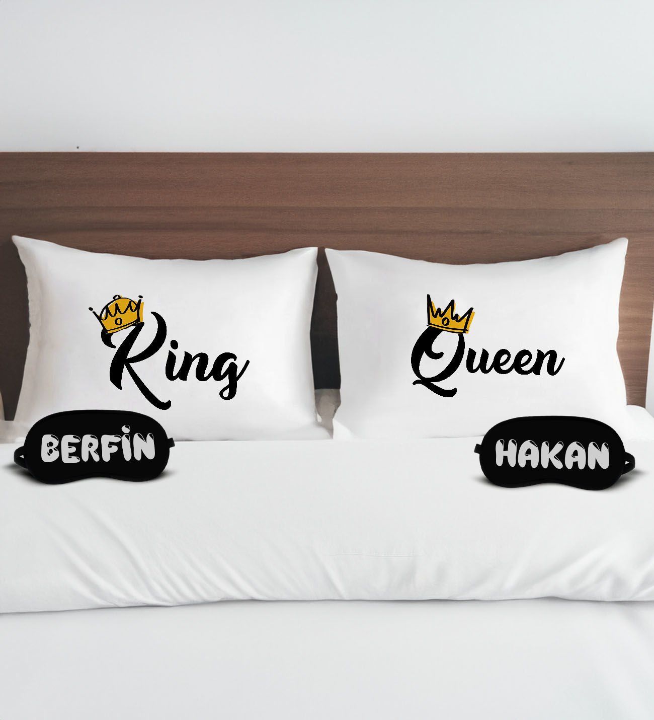 BK Gift Kişiye Özel King&Queen Tasarımlı Pamuklu Yastık Kılıfı ve Göz Bandı Çift Uyku Seti, Tasarım Ev Tekstili, Uyku Bandı, Ev Hediyesi