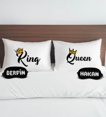BK Gift Kişiye Özel King&Queen Tasarımlı Pamuklu Yastık Kılıfı ve Göz Bandı Çift Uyku Seti, Tasarım Ev Tekstili, Uyku Bandı, Ev Hediyesi