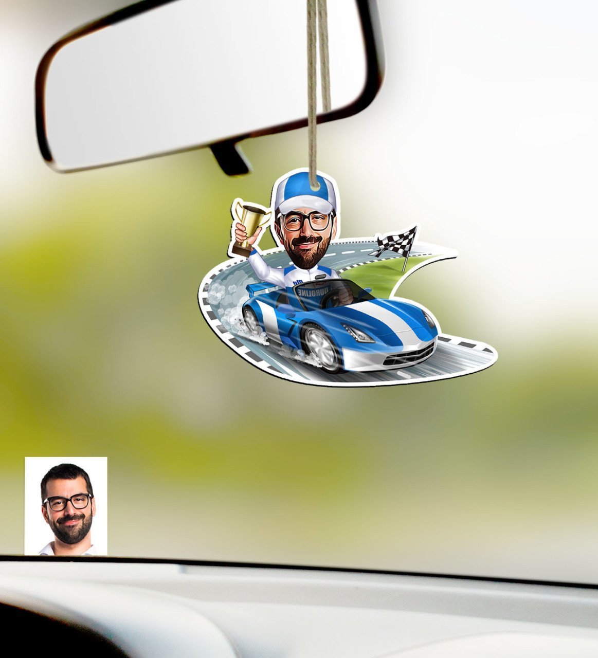 Kişiye Özel Bay Rallici Karikatürlü Ahşap Araba Dikiz Ayna Süsü