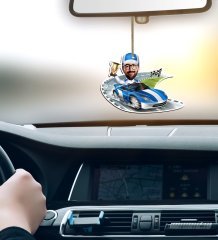 Kişiye Özel Bay Rallici Karikatürlü Ahşap Araba Dikiz Ayna Süsü