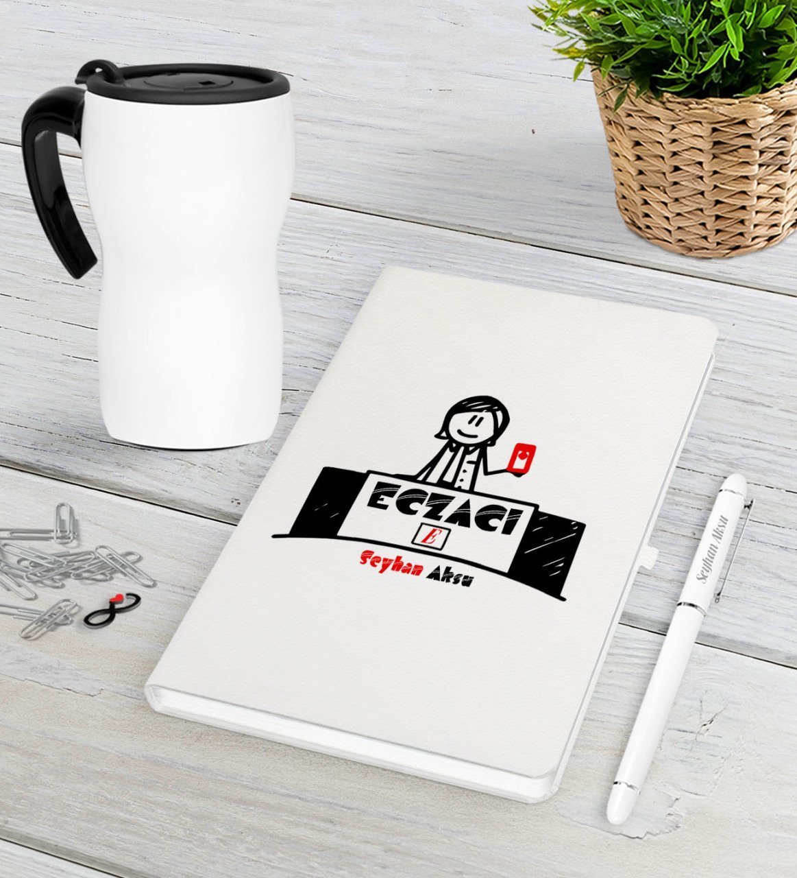 Kişiye Özel Eczacı Beyaz Defter Kalem Termos Mug Seti-5