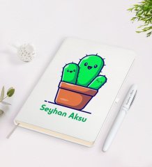 Kişiye Özel İsimli Kaktüs Tasarımlı Beyaz Defter ve Kalem Seti-3