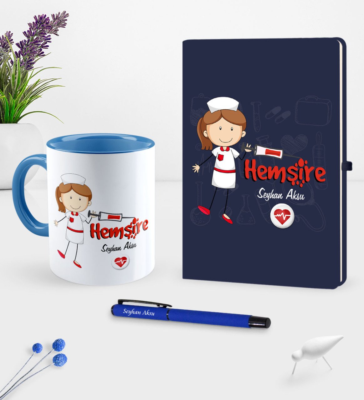 Kişiye Özel Hemşire Temalı Lacivert Defter Kalem Kupa Seti - 5