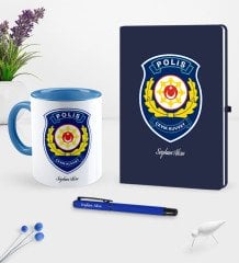 Kişiye Özel Polis Çevik Kuvvet Temalı Lacivert Defter Kalem Kupa Seti