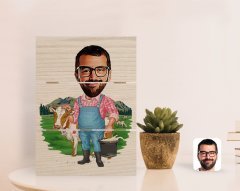 Kişiye Özel Çiftçi Karikatürlü Otantik Masaüstü Ahşap Palet Çerçeve-1