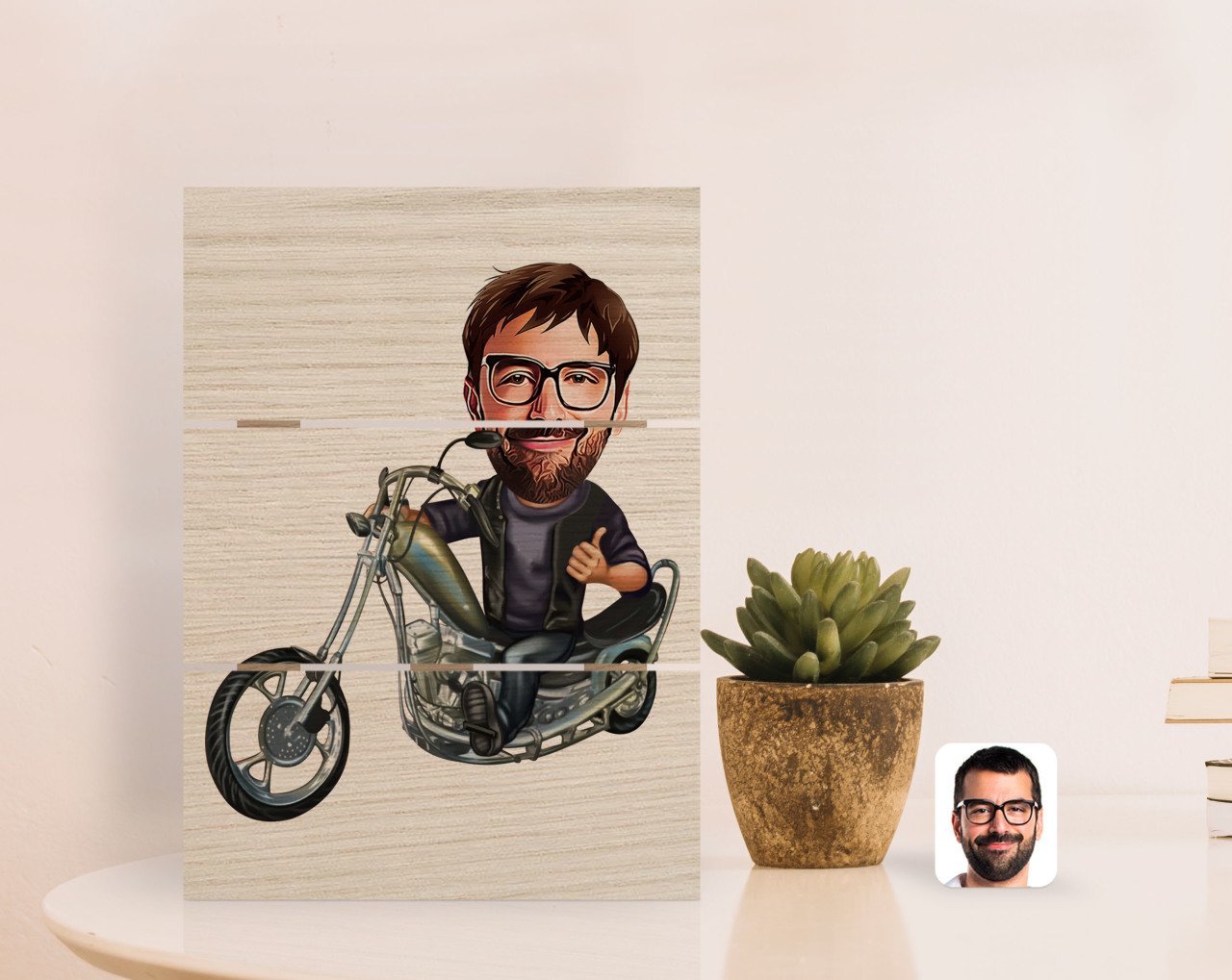 Kişiye Özel Erkek Motorcu Karikatürlü Otantik Masaüstü Ahşap Palet Çerçeve-4