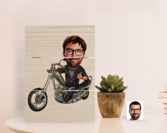 Kişiye Özel Erkek Motorcu Karikatürlü Otantik Masaüstü Ahşap Palet Çerçeve-4
