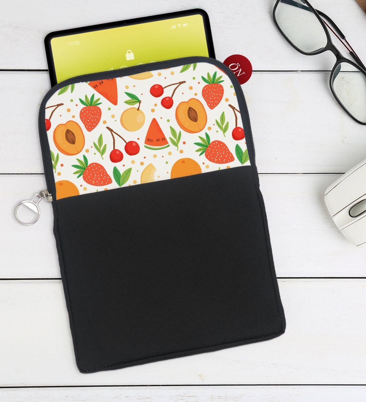 BK Gift Meyveler Tasarımlı Taşınabilir Koruyucu Tablet Kılıfı & Organizer Çanta - Siyah-1