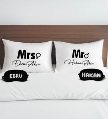 BK Gift Kişiye Özel Mr Mrs İsimli Tasarımlı Pamuklu Yastık Kılıfı ve Göz Bandı Çift Uyku Seti-1, Tasarım Ev Tekstili, Uyku Bandı, Ev Hediyesi