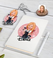 Kişiye Özel Kadın Kuaför Karikatürlü Beyaz Defter Kalem ve Anahtarlık Hediye Seti-3