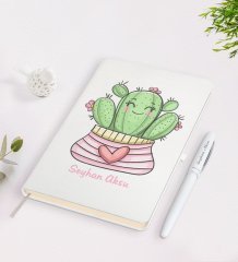 Kişiye Özel İsimli Kaktüs Tasarımlı Beyaz Defter ve Kalem Seti-2