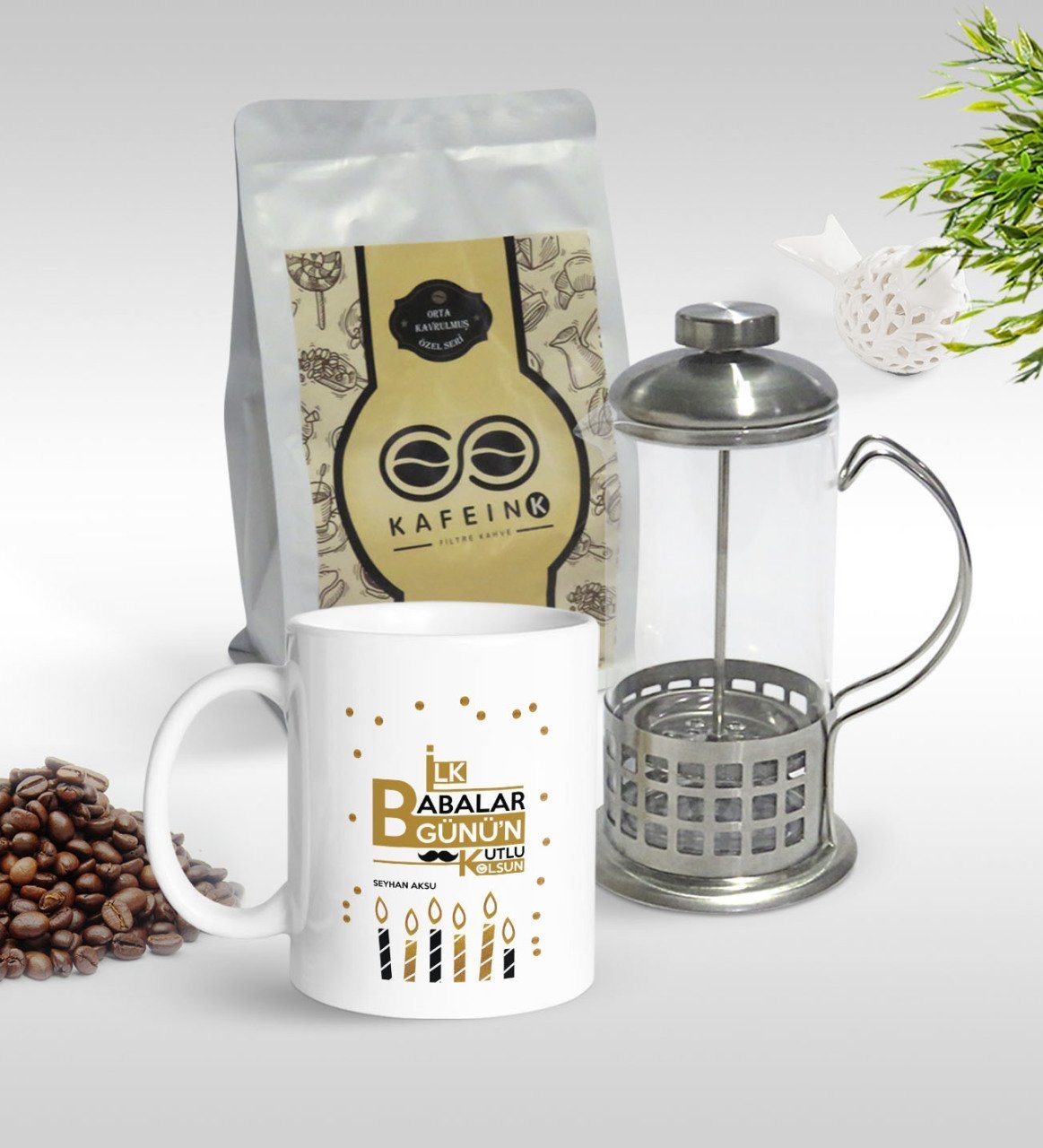 Kişiye Özel İlk Babalar Günü Tasarımlı Kupa & French Press & 250gr Filtre Kahve Hediye Seti-5