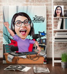 Kişiye Özel Bayan Radyocu Karikatür Kanvas Tablo (70 x 100 cm.) 1