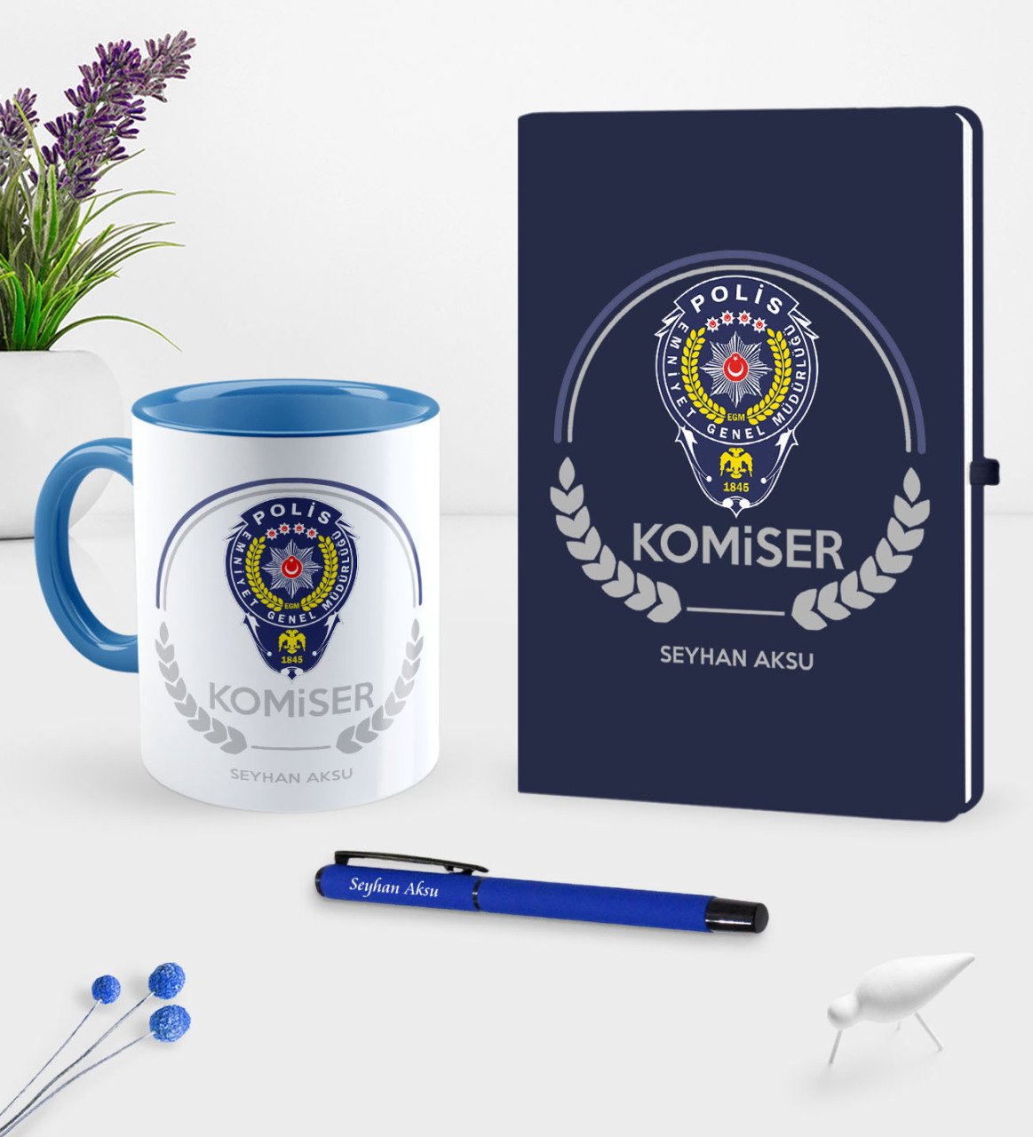 Kişiye Özel Komiser Temalı Lacivert Defter Kalem Kupa Seti - 2