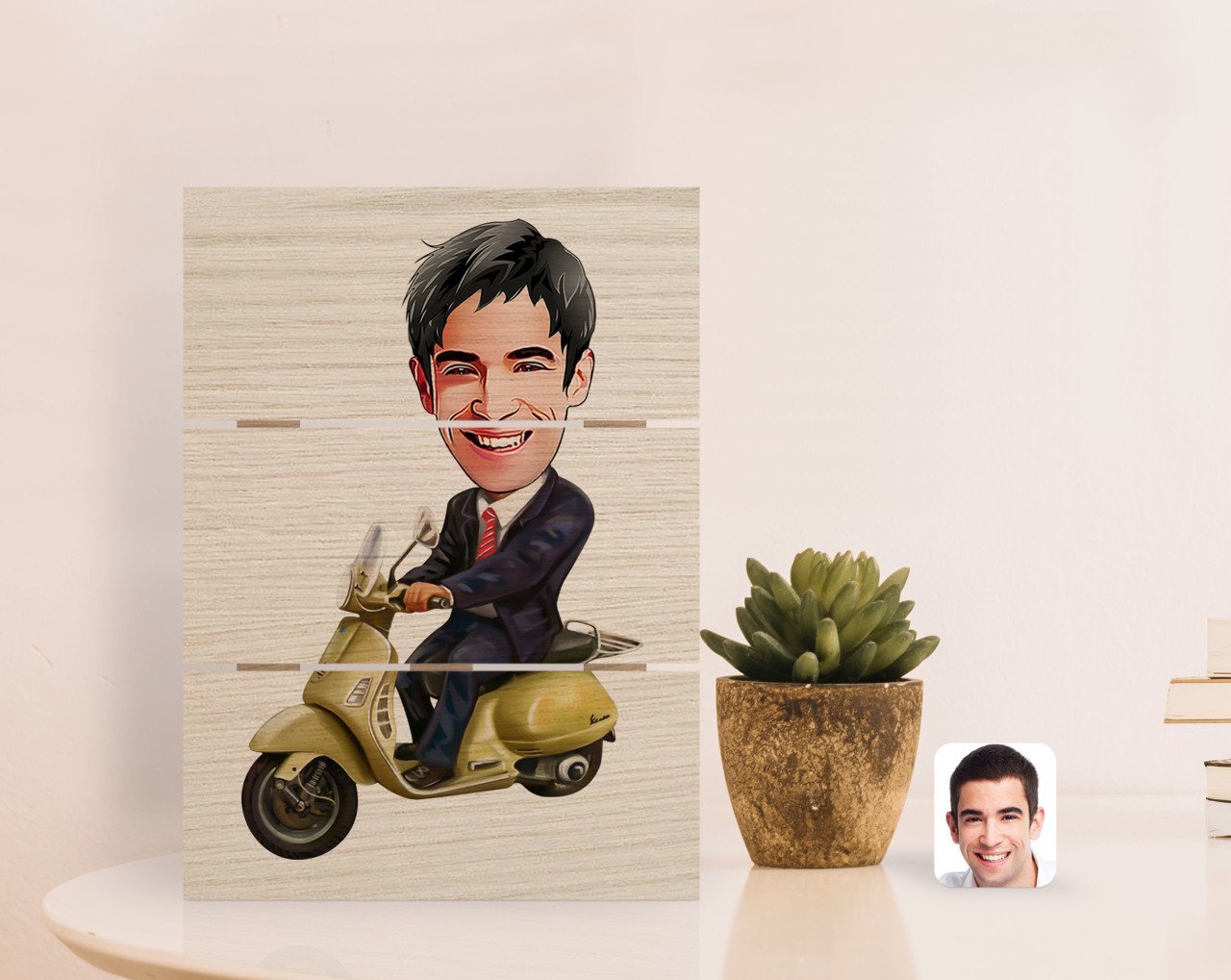 Kişiye Özel Erkek Motorcu Karikatürlü Otantik Masaüstü Ahşap Palet Çerçeve-3