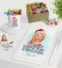 Kişiye Özel Kadın Yeni Yıl Karikatürlü Beyaz Defter Kalem Türk Kahvesi Fincanı ve Kutulu Haribo Şeker Hediye Seti-3