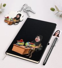 Kişiye Özel Bayan Öğretmen Karikatürlü Siyah Defter Kalem Ve Anahtarlık Hediye Seti-8