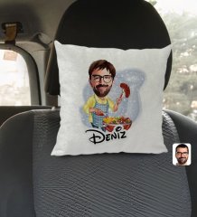 Kişiye Özel İsimli Erkek Mangalcı Karikatürlü Kare Araç Koltuk Yastığı-1