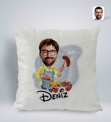 Kişiye Özel İsimli Erkek Mangalcı Karikatürlü Kare Araç Koltuk Yastığı-1
