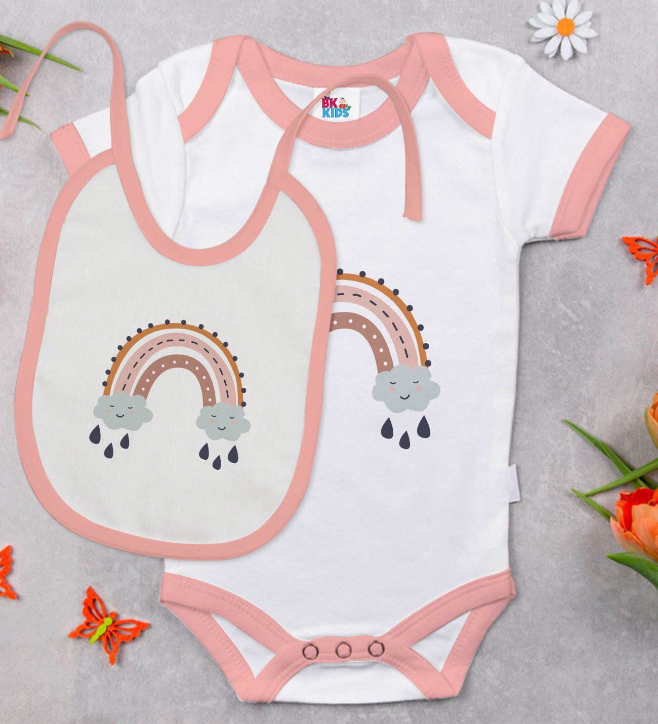 BK Kids Boho Tasarımlı Pembe Bebek Body Zıbın ve Mama Önlüğü Hediye Seti-1